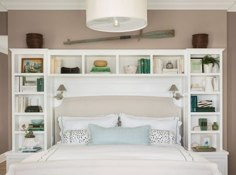 Creamy neutral walls enhance a beautiful storage headboard by complementing the decorative items and echoing the hue of the enclosed fabric headboard. Shown here: Pratt & Lambert Sea Hawk 33-26 Lots Of Books, Headboard With Shelves, Bookcase Headboard, Bed Shelves, Coastal Bedrooms, Diy Headboard, Perfect Bedroom, Headboard Storage, Bedroom Headboard