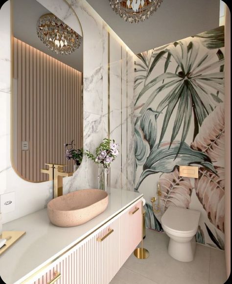 Peach And Gold Bathroom, Bold Bathroom Design, Bali Bathroom Ideas, Colourful Bathroom Ideas, Bathroom Inspo Interior Design, Kitchen Remodel Paint, Kitchen Remodel Cabinets, Toilet And Bathroom Design, Tropical Bathroom