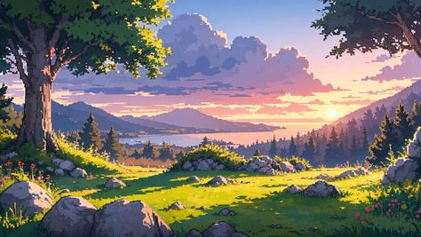 Aesthetic Nature Wallpaper Landscape, Anime Background Aesthetic Landscape, Studio Ghibli Landscape Backgrounds, Anime Backgrounds Wallpapers Landscape, Aesthetic Background Landscape, Anime Landscape Wallpaper, Background Aesthetic Landscape, Wallpaper For Windows, Nature Desktop Wallpaper