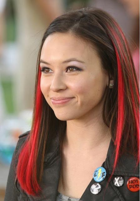 Malese Jow dark hair. Bright red streaks Hair Color Red Highlights, Streaking Hair, Jade West Style, Lucy Stone, Malese Jow, Red Streaks, Hair Color Underneath, Jade West, Big Time Rush