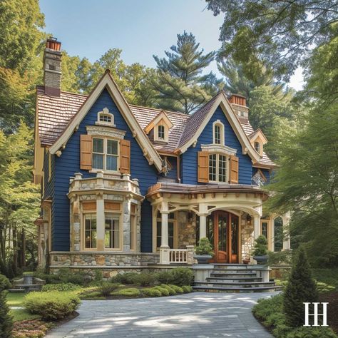 Bold Indigo and Sand Contrast in Striking Home Exterior Colors • 333+ Images • [ArtFacade] Red Brick House Blue Shutters, Blue Window Trim, Victorian Exterior Color Schemes, Sand Palette, Home Exterior Colors, Outdoor House Paint, Victorian Exterior, Home Exteriors, Blue Shutters