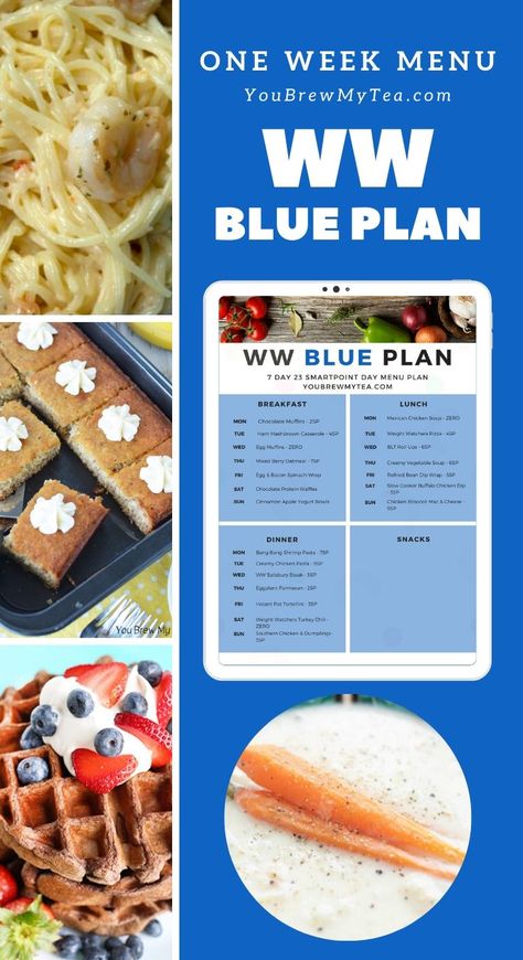 WW Blue Plan Week of Meals - This printable easy to follow meal plan is based on the 23 SmartPoint day of the WW FreeStyle or Blue Plans! Delicious meals! A perfect way to use the new WW 2020 updated plans with your favorite recipes. Breakfast, lunch, and dinner on this printable meal planning menu! #menuplan #wwblueplan #weightwatchers #wwfreestyle #freestyle Ww Blue Plan, Ww Meal Plan, Week Of Meals, One Week Meal Plan, Weight Watchers Menu, Weight Watchers Pumpkin, Weight Watchers Program, Weight Watchers Plan, Weight Watchers Meal Plans