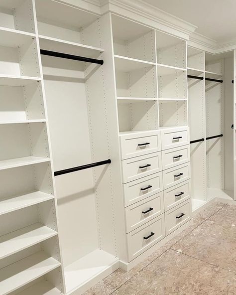 Walk In Closet Ideas For Him And Her, Master Closet Hers Walk In, One Wall Walk In Closet, Master Closet Measurements, 7x4 Closet Layout, Built In Shelving Closet, New Build Closet Ideas, His And Hers Closet Walk In, L Shaped Closet Designs Walk In