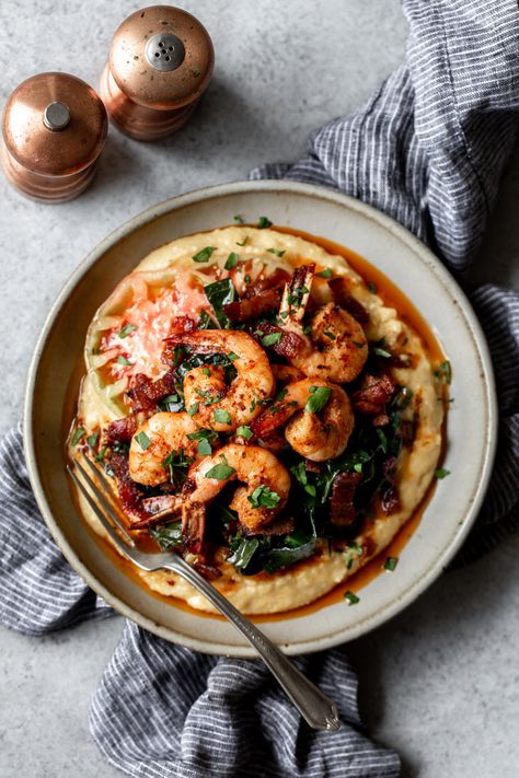 Cajun Shrimp with Cheesy Grits and Bacon Braised Collard Greens — Cooking with Cocktail Rings Shrimp And Collard Greens, Winter Shrimp Recipes, Grits And Bacon, Creole Shrimp And Grits, Garden Dinners, Braised Collard Greens, Grits Recipes, Southern Grits, Cajun Shrimp And Grits