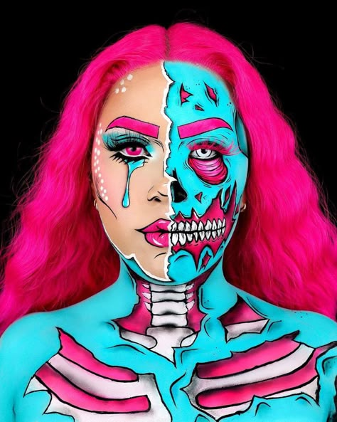 Pop art, pop art zombie, pink hair, pink and blue makeup, pop art make up, Popart Halloween Makeup, Pop Art Skull Makeup, Pop Art Makeup Looks, Pop Art Makeup Ideas, Art Inspired Makeup, Zombie Cowgirl, Pop Art Halloween Makeup, Pop Art Zombie Makeup, Halloween Pop Art