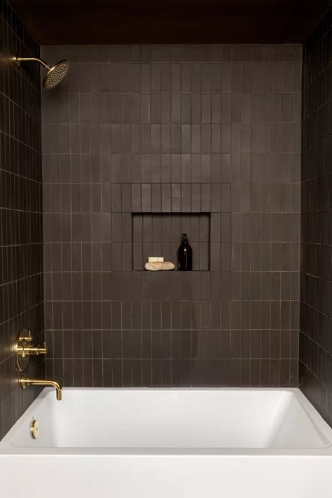 Robert Mckinley, Black Tile Bathrooms, Glam Living Room Decor, Shower Tub Combination, Subway Tiles Bathroom, Glam Living, Glam Living Room, Brown Bathroom, Boys Bathroom