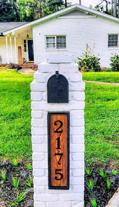 Framed mailbox house number plaque #plaque #cedar #wood #house #number #framed #whitebrick Mailbox House Numbers, Mailbox And House Number Ideas, House Number Mailbox Ideas, Brick And Wood Mailbox Ideas, Brick Mailbox Makeover, Diy Brick Mailbox Ideas, White Brick Mailbox Ideas, Brick Mailbox Number Ideas, Mailbox Ideas Brick