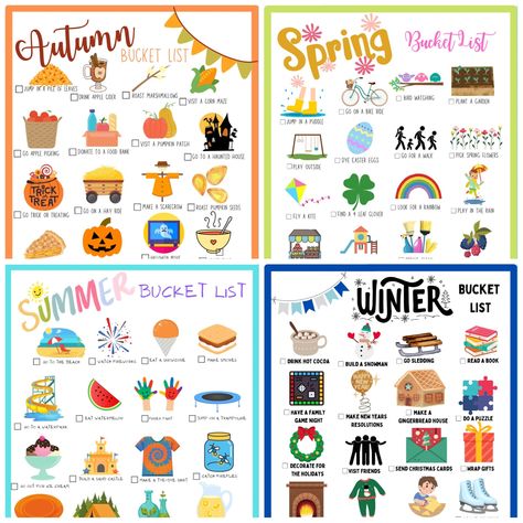 These fun and colorful bucket list are a perfect family activity! Get all 4 of my seasonal bucket list : Spring, Summer, Fall, and Winter. This is a PDF printable that can be instantly downloaded. Print as many times as you like. This will print as 8.5"x11". You will NOR receive a physical copy. This is an INSTANT DOWNLOAD. For personal use only. You may not share, sell, or recreate any of my files. Thank you for supporting my small business! Please feel free to reach out to me with questions or Fall Bucket List For Families, Seasonal Bucket List, Family Learning Activities, Family Bucket List, Winter Activities For Toddlers, Spring Bucket List, Fall Family Fun, Seasonal Activities, Winter Bucket List