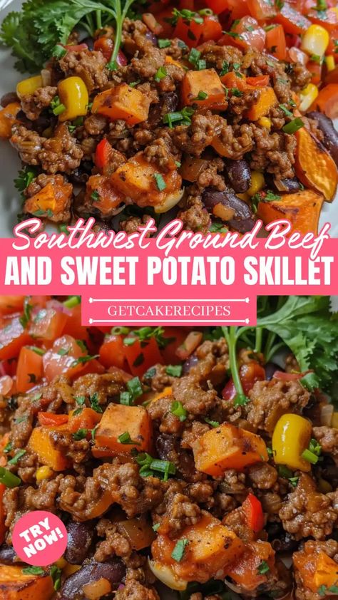 Southwest Ground Beef and Sweet Potato Skillet | getcakerecipes Southwest Ground Beef, Beef And Sweet Potato Skillet, Beef And Sweet Potato, Sweet Potato Skillet Recipes, Mexican Sweet Potatoes, Sweet Potato Dinner, Potato Skillet, Sweet Potato Skillet, Ground Beef And Potatoes