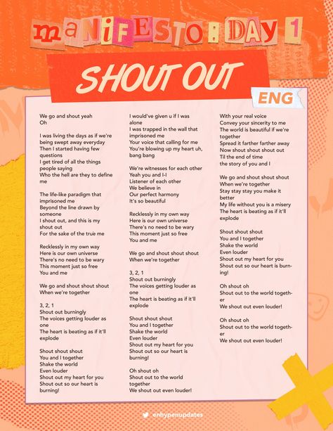 Shout Out Lyrics, Shout Out Enhypen, Enhypen Manifesto Day 1, Pop Song Lyrics, Manifesto Day 1, Enhypen Manifesto, Only Lyrics, Enhypen Updates On Twitter, Song Lyric Posters