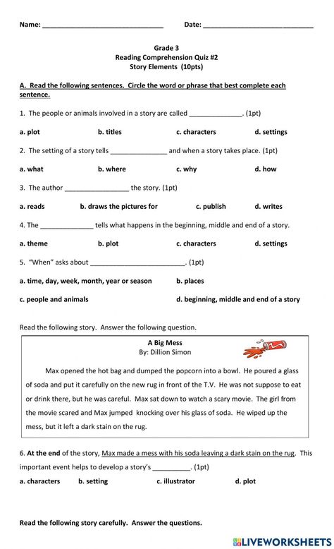 Element Quiz, Elements Of A Story, Story Elements Worksheet, Story Worksheet, Elements Of Literature, Worksheets For Grade 3, Traditional Tales, Work Sheet, Work Fun