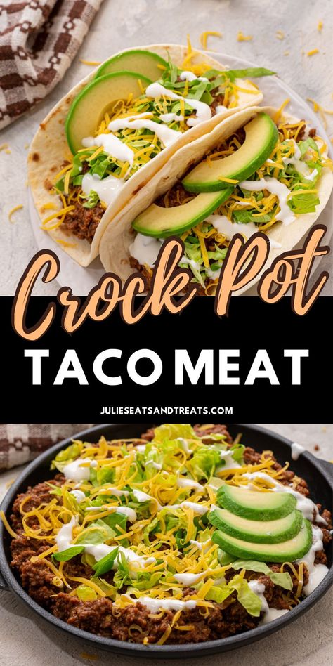 Unlock a world of flavor with Crock Pot Taco Meat! This slow cooker recipe transforms ground beef into a delicious and versatile topping. With just a few ingredients, you'll have taco meat perfect for tacos, salads, nachos, or anything your heart desires. Make dinner a breeze and get creative with this easy recipe! Crock Pot Taco Meat, Ground Beef In Crockpot, Hamburger Crockpot Recipes, Slow Cooker Taco Meat, Crockpot Beef Tacos, Crockpot Taco Meat, Beef Taco Meat, Taco Recipes Ground Beef, Ground Beef Crockpot Recipes