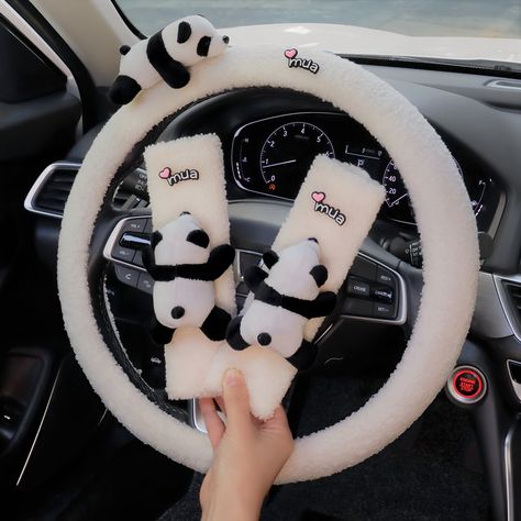 - Cute and stylish car accessories to add a touch of personality to your ride. #panda #steeringwheelcover #seatbeltcover #kawaii Girl Car Decor, Panda Accessories, Fluffy Stuffed Animals, Seatbelt Cover, Girl Car, Car Interior Design, Cartoon Panda, Steering Wheels, Car Steering Wheel Cover