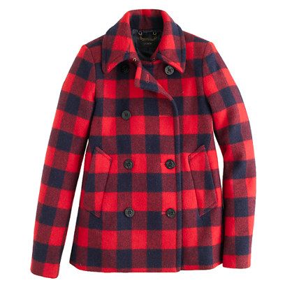 Buffalo Plaid Pea Coat.  J. Crew. Black Watch Plaid, Plaid Peacoat, Peacoat Jacket, Checked Jacket, Plaid Coat, Outer Wear, Baby It's Cold Outside, Plaid Jacket, It's Cold Outside