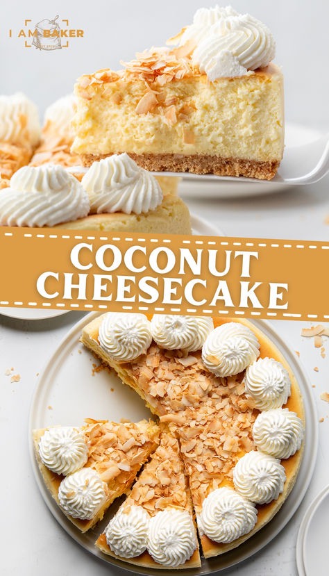 Coconut Cheesecake starts with a graham cracker crust topped with a cheesecake filling flavored with coconut cream and extracts, topped with homemade whipped cream and toasted coconut flakes. It’s a rich and creamy dessert with a tropical flair, perfect for anyone who loves coconut! Toasted Coconut Cheesecake, Coconut Cheesecake Recipes, Rum Cheesecake Recipe, Coconut Cream Cheesecake, Coconut Cream Dessert, Cheesecake Coconut, Coconut Cheese, Coconut Recipes Dessert, Coconut Cream Recipes