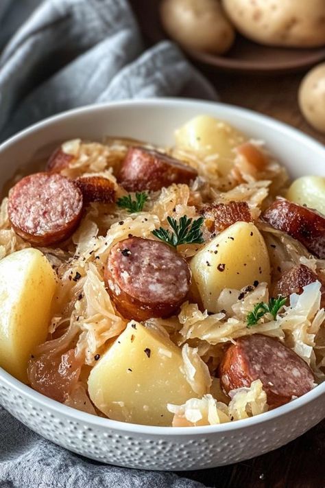 Polish sausage Sauerkraut and potatoes Sour Kraut And Kielbasa Crockpot, New Years Sauerkraut Recipes, Kielbasa And Sauerkraut Soup, Sour Kraut And Kielbasa, Bratwurst And Sauerkraut Recipes, Kraut And Sausage, Smoked Sausage And Sauerkraut Recipe, Kalbasa Dinner Recipes, Smoked Sausage And Sauerkraut