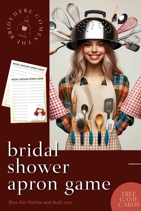 Bridal Shower Apron Game with Printable Guessing Cards Apron Shower Game The Bride, The Apron Game, Throwing A Bridal Shower Ideas, Apron Game Bridal, Bridal Shower Kitchen Theme, Kitchen Bridal Shower, Girl Parties, Bride Game, Home Party Games