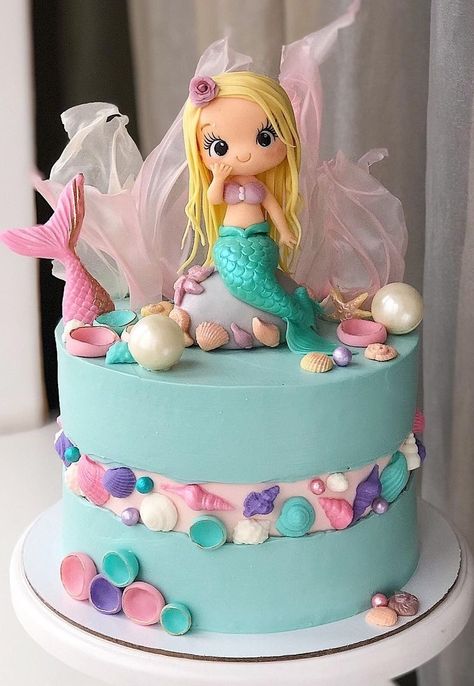 Birthday Cake Mermaid Theme, Mermaid Cakes For Girls Birthday, Birthday Cake Mermaid, Mermaid Birthday Cake Ideas, Mermaid Cake Ideas, Mermaid Theme Cake, Kue Fondant, Mermaid Birthday Cake, Ariel Cake