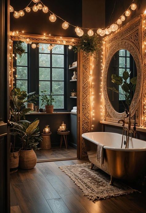 Bohemian Bathroom Decor Ideas, Bathroom Mood Lighting, Witchy Bathroom Ideas, Rustic Boho Bathroom, Boho Bathroom Decor Ideas, Boho Bathroom Ideas, Relaxing Bathroom, Bohemian Bathroom, Bathroom Decor Ideas Themes