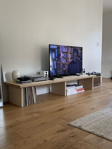 Low Profile Tv Stand Diy, Ikea Vurm Hack, Low Dresser Decor, Tv On Floor Ideas, Diy Low Shelf, Dark Minimal Living Room, Brutalist Interior Design, Rug On Carpet, Low Furniture