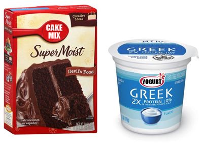 Combine 1 boxed cake mix, 1 cup plain greek yogurt and 1 cup water. Mix together and bake according to directions on the cake mix box. Works best with Devil’s Food Cake mix, but experiment! The texture is similar to a cross between a cake and a brownie. Use a 9 x 9 inch pan for a thicker cake.  Makes 12 servings at approximately 180 calories each. Weight Watcher Desserts, Boxed Cake, Greek Yogurt Recipes, Cookies Brownies, Ww Desserts, Yogurt Cake, Weight Watchers Desserts, Box Cake Mix, Yogurt Recipes