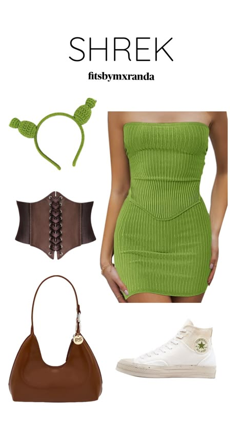 SHREK COSTUME INSPO #outfitinspo #halloween #halloweeninspo #costume Shrek Dress, Shrek Halloween, Fiona Costume, Rave Halloween Costumes, Shrek Costume, Horror Halloween Costumes, Spirit Week Outfits, Halloween Coustumes, Duo Halloween Costumes