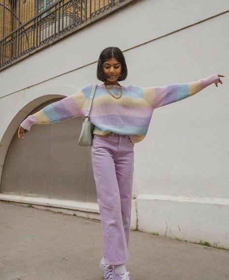 pastel, fashion, inspo Pastel Jeans Outfit, Bright Pastel Outfits, Pastel Colors Aesthetic Outfit, Pink And Purple Outfit Aesthetic, Pastel Soft Aesthetic Outfits, Comfy Pastel Outfits, Pastel Danish Outfit, Pastel Color Outfit Ideas, Colorful Cozy Outfits