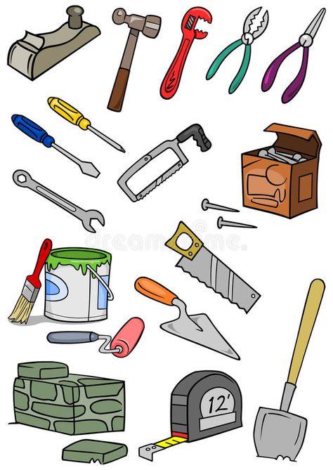 Construction Tools Drawing, Construction Doodles, Tool Illustration, Construction Illustration, Tools Clipart, Tools Illustration, Cartoon Building, Book Illustration Design, Construction Repair