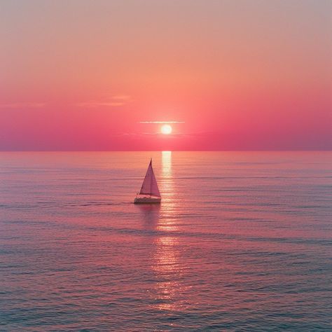 Sailboat Sunset Silhouette: A lone sailboat cruises the calm sea as the sun sets in a vibrant pink sky. #sunset #sailboat #ocean #tranquility #sailing #pink #sky #sea #aiart #aiphoto #stockcake https://ayr.app/l/gcHw Sunset Icon, Pink Sky Sunset, Sailboat Photography, Sailboat Sunset, Sunset Sailboat, Sailboat Cruises, Calm Sea, Pastel Sunset, Blue Sunset