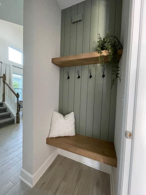 Small Entry Mudroom Entrance, Entry Way At Bottom Of Stairs, Backdoor Entry Into Laundry Room, Small Awkward Entryway Ideas, Small Built In Drop Zone, Hall Cloakroom Ideas, Compact Hall Ideas, Mudroom Nook Entryway, Small Front Entrance Closet Ideas