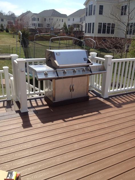 Trex Transcends Deck colors: Treehouse & Firepit accent. #Trex #Deck Lighting, post and stair lighting. Grill bump out with gas line... Deck With Grill Bump Out, Grill Pad, Trex Deck Lighting, Outdoor Deck Decorating, Deck Grill, Deck Addition, Deck Remodel, Basement Fireplace, Covered Patio Design