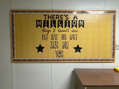 Black And Gold Bulletin Board Ideas, Hamilton Bulletin Board, Hamilton Classroom Decor, Black And Gold Classroom Theme, Hamilton Classroom, Music Room Bulletin Boards, Band Classroom, Middle School Bulletin Boards, High School History Classroom