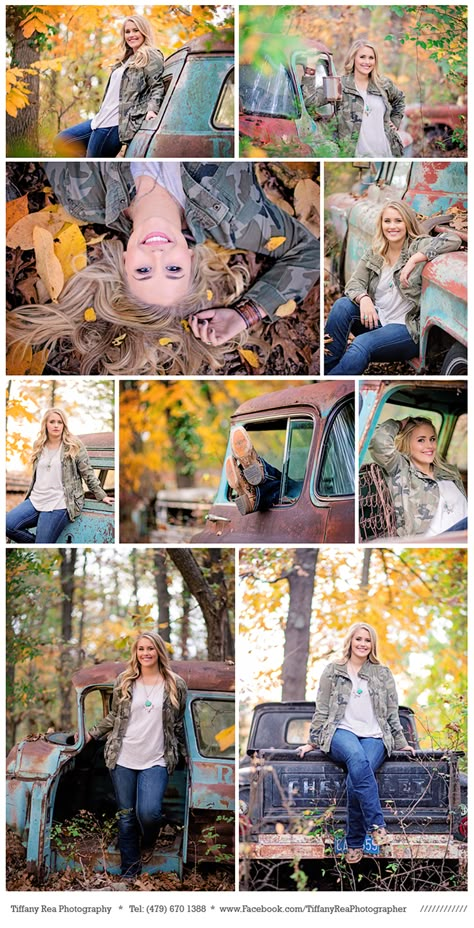 Creative Photoshoot Ideas Unique Senior Pics, Senior Poses With Truck, Senior Photos With Old Truck, Senior Farm Pictures, Senior Country Pictures, Country Girl Senior Portraits, Senior Picture Ideas Farm, Junkyard Photoshoot, Country Senior Picture Ideas