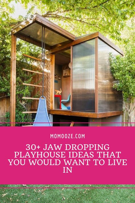 The boys had treehouses to play in. Why can’t girls who don’t play with dolls get the same, right? Well, you’re about to be convinced to build your kids their very own playhouses.Check out these inspirations and get your carpenter ready. #playhouse #treehouse #garden #kidsgames Fun Playhouse Ideas, Kids Play Fort Outdoor, Playhouse To Greenhouse, Garden Playhouse Ideas, Kid Forts Outside, How To Build A Play House For Kids, Shipping Container Playhouse, Diy Playhouse For Kids, Garden Shed Playhouse