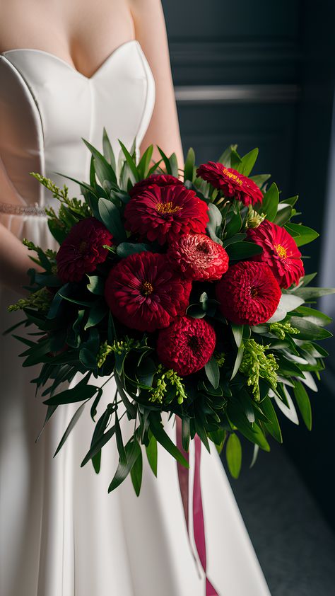 Striking Red Zinnia and Greenery Wedding Bouquets Bouquets For Red Dresses, Red Bouquet Flowers, Wedding Zinnias, Zinnias Wedding Bouquets, Red Dahlia Bouquet, Zinnia Bridal Bouquet, Zinnia Wedding Flowers, Zinnia Wedding Bouquet, Red Zinnia Bouquet