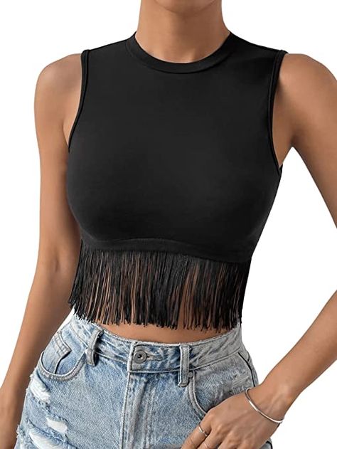 Floerns Women's Solid Sleeveless Racerback Fringe Hem Rib Knit Crop Tank Top White L at Amazon Women’s Clothing store Curvy Body Types, Drawing Female, Knitted Crop Tank Top, Tank Top White, Female Anatomy, Crop Tank Top, Black Fringe, Fringe Trim, Knit Crop