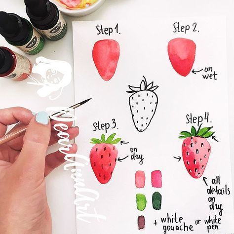 Hello ☺️🙏🏻🎨 Today, I've prepared a small tutorial for you. Easy and in my style - strawberry 🍓I think it can be cool to try this one with… Watercolour Strawberry, Learn Watercolor Painting, 19 August, Watercolor Beginner, Art Projects For Kids, Learn Watercolor, Watercolor Food, Watercolor Paintings For Beginners, Kids Watercolor