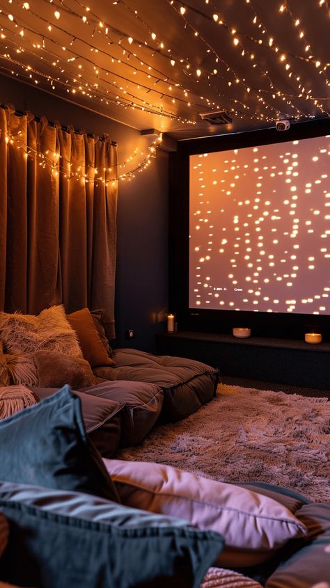 39 Small Theatre Room Ideas And Tips Cosy Theatre Room, Movie Theatre Bedroom Ideas, Teenage Snug Room Ideas, Small Room Theater Ideas, Teenage Lounge Room Ideas, Teen Girl Hangout Room Ideas, Cosy Movie Room, Living Room Projector Ideas Apartment, Movie Date Night At Home Aesthetic