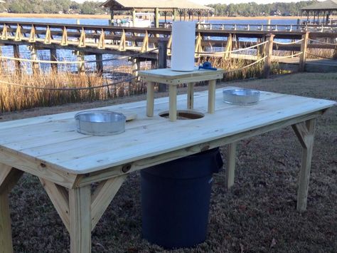 Oyster table Oyster Table Diy, Oyster Table, Oyster Roast Party Ideas Table Settings, Oyster Shucking Table Outdoor, Oyster Roast Table, Oyster Shucking Table Diy, Oyster River Potholes, Bbq Oysters In Shell, Oyster Roast Party