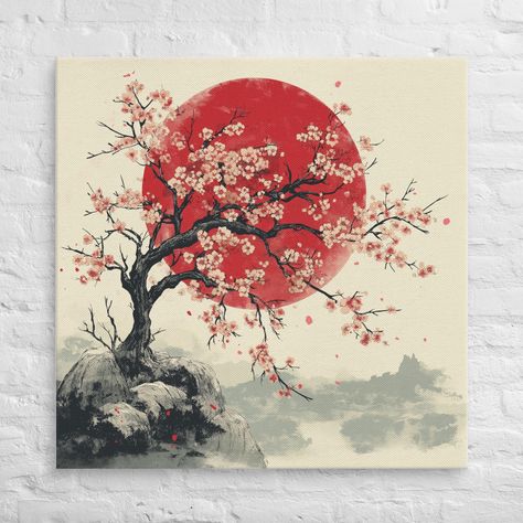 Transform your space with this captivating canvas print featuring a Japanese cherry blossom tree (sakura) against a dramatic red moon backdrop. This beautiful artwork showcases the delicate beauty of a cherry blossom in full bloom, with soft pink petals that contrast vividly with a striking red moon, creating a mesmerizing blend of tranquillity and intensity. Inspired by traditional Japanese art, this piece evokes the serene yet powerful essence of nature, bringing a touch of elegance and cultur Japanese Canvas Art, Japan Painting Easy, Japanese Art Cherry Blossom, Sakura Tree Art, Japanese Art Traditional, Japanese Cherry Blossom Art, Cherry Blossom Tree Art, Japan Tree, Japanese Cherry Blossom Tree