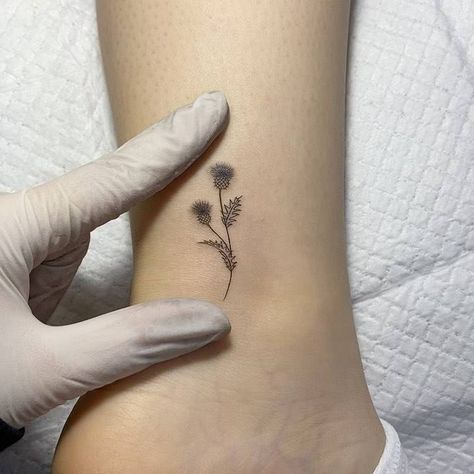 Thistle flower tattoo on the ankle Thistle Tattoo Simple, Thistle Tattoo Fine Line, Rose And Thistle Tattoo, Small Thistle Tattoo, Highlands Tattoo, Minimalist Thistle Tattoo, Thistle Ear Tattoo, Scottish Thistle Tattoo Simple, Small Thistle Tattoos For Women