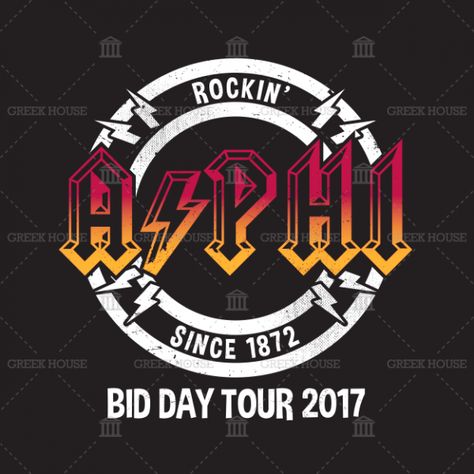 Rock And Roll Bid Day, Asb Shirts, Alpha Phi Sorority Shirts, Aoii Sorority, Sorority Recruitment Shirts, Rush Themes, Homecoming Themes, Alpha Phi Sorority, Recruitment Themes