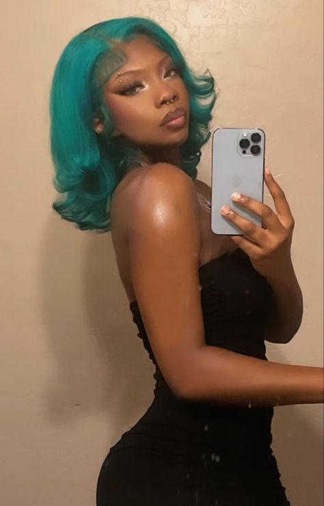 Bright Colors On Black Women, Dark Teal Hair Black Women, Bright Hair Colors Black Women, Teal Color Hair, Teal Natural Hair Black Women, Colored Hair Styles For Black Women, Silver Natural Hair, Brown And Blue Hair Black Women, Short Green Hair Black Women