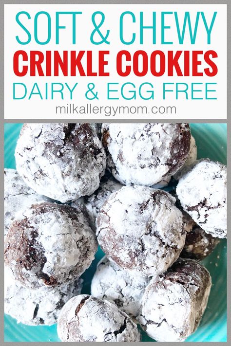 Chocolate Crinkle Cookies Dairy & Egg Free | Milk Allergy Mom Dairy And Egg Free Christmas Treats, Allergy Free Cookies, Egg Free Dessert Recipes, Egg Free Cookies Recipes, Soft Batch Cookies, Milk Allergy Mom, Nut Free Cookies, Cookies Eggless, Egg Free Cookies