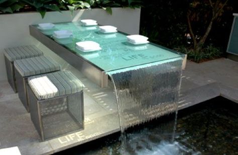 Glass table with running water, looks cool but probably makes you pee more often when you are having dinner with friends.: Yard Water Fountains, Backyard Water Fountains, Table Fountain, Water Fountain Design, Taman Air, Outdoor Water Features, Fountain Design, Backyard Water Feature, Diy Water