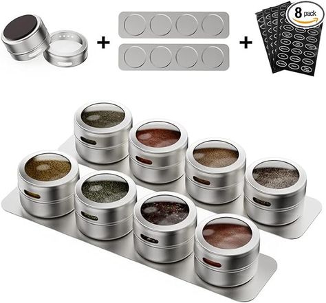 Amazon.com: Vetacsion Set of 8 Magnetic Spice Tins with 2 Metal Wall-Plates,100 Preprinted Seasoning Label Stickers,2 Styles for 3 oz Herb Jars: Home & Kitchen Magnetic Spice Tins, Herb Jars, Magnetic Spice Jars, Herb Storage, Metal Wall Panel, Herb Jar, Spice Jar Set, Shaker Boxes, Magnetic Spice