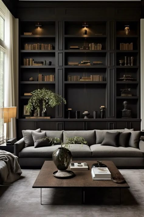 Modern Bookshelves Living Room, Bookcases In Living Room With Tv, Bookshelves Interior Design, Library Room Ideas Modern, Snug Inspiration, Minimal Interior Design Living Room, Bookcases In Living Room, Den Room Ideas, Family Room Library