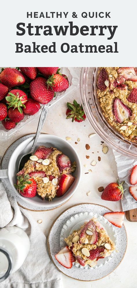 This Strawberry Baked Oatmeal is not only a lovely brunch recipe but makes for great meal prep, too. Bake it on the weekend and enjoy leftovers for a healthy breakfast throughout the week. Strawberry Baked Oatmeal, Baked Oatmeal Healthy, Banana Baked Oatmeal, Healthy Oatmeal Recipes, Strawberry Almond, Baked Oatmeal Recipes, Gluten Free Oatmeal, Brunch Recipe, Healthy Strawberry