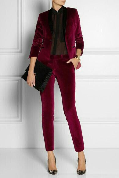 Burgundy velvet jacket and pants. Velvet tends to look old and vintage. This is sharp and clean. Velvet Suit, Tuxedo Pants, Red Suit, Tailored Dress, Velvet Fashion, Business Outfit, Business Attire, Guest Outfit, Work Attire