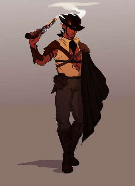 Human Gunslinger Dnd, Dnd Tiefling Cowboy, Dnd Sheriff, Dnd Fancy Clothes, Cowboy Design Character, Cowboy Dnd Character, Tiefling Cowboy, Pathfinder Gunslinger, Elf Cowboy